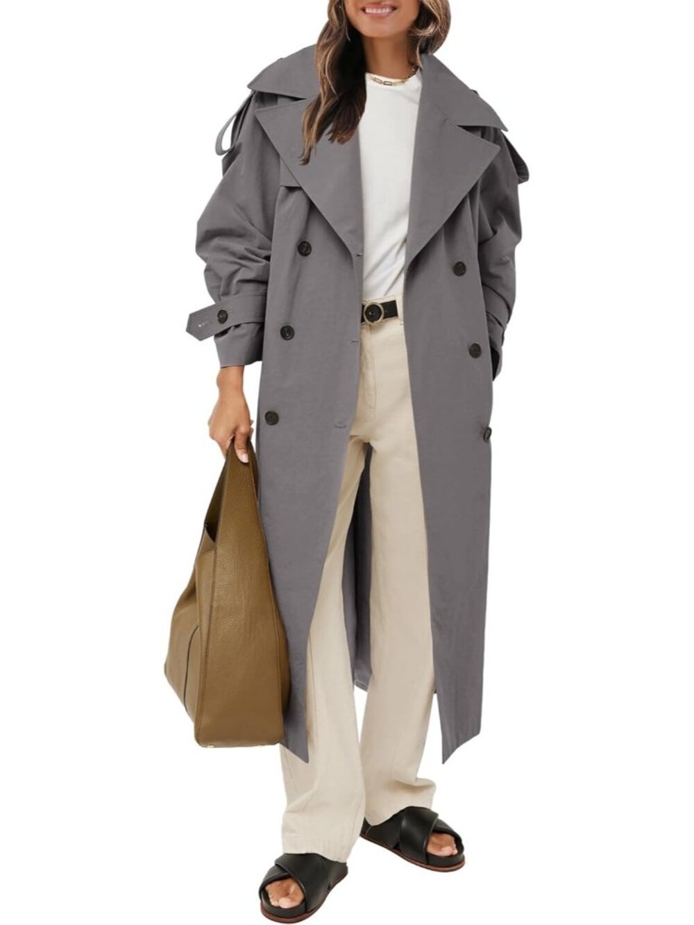 Women's Dark Grey Oversized Double Breasted Lapel Windproof Long Trench Coat